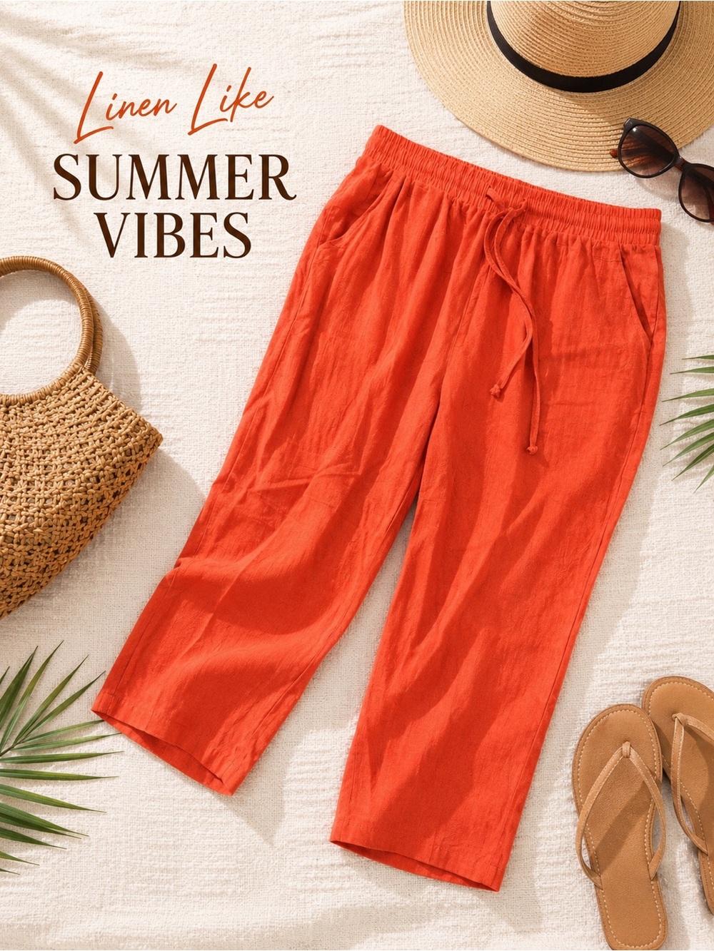 Women’s Summertime Orange Drawstring Casual Beach Linen Capri Pants